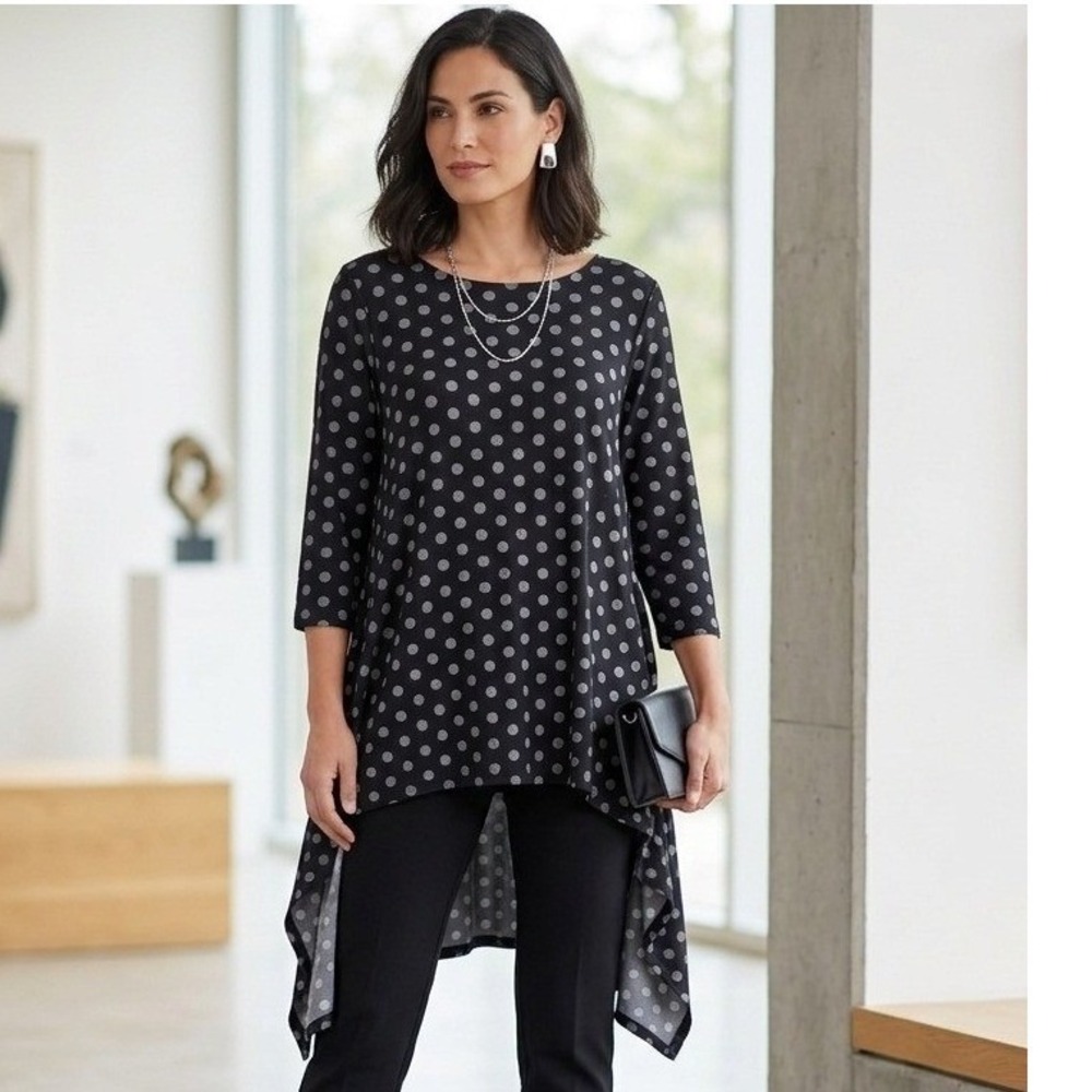 Chico's Polka Dot Tunic Women 2 Large Black White‎ 3/4 Sleeve High Low Sharkbite
